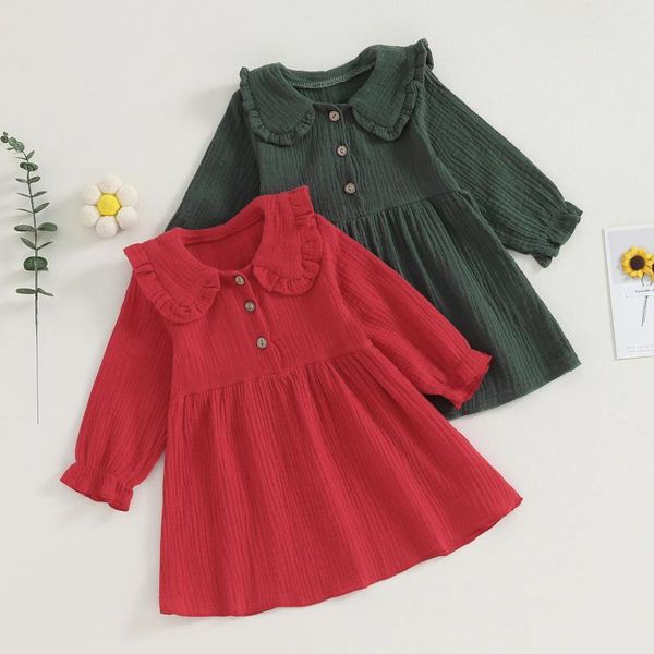 Vestidos de menina pudcoco infantil crianças bebê manga longa vestido casual lapela gola botões ruched uma linha princesa para festa 1-5t