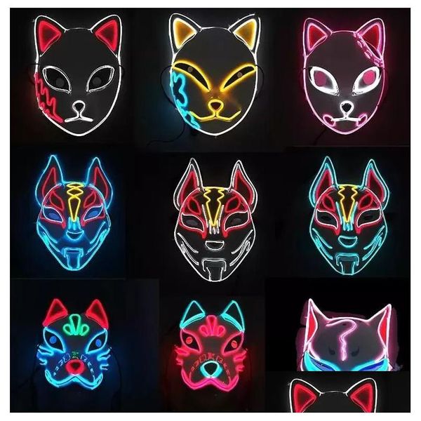 Maschere per feste Demon Slayer Glowing El Wire Mask Kimetsu No Yaiba Personaggi Accessori per costumi cosplay Volpe giapponese Halloween Led Dro Dhjm0