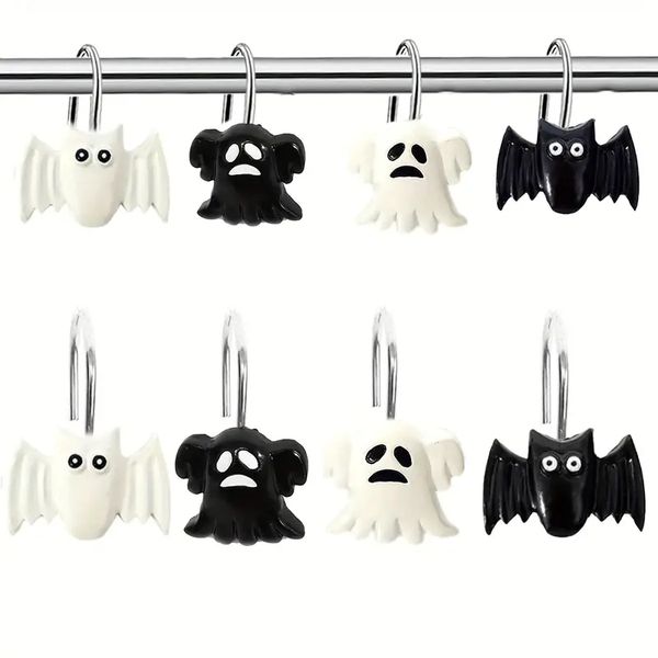 12pcs Halloween Ghost Shower Ganches de cortina de chuveiro, chuveiro de pesadelo branco preto Ringos pendurados, suprimentos de festa de terror de Halloween House Banheiro,