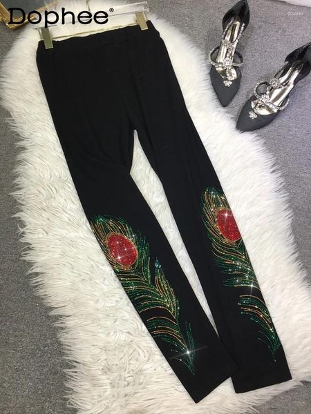 Leggings femininos bordados pesados perfurando cintura alta emagrecimento preto apertado tornozelo comprimento calças outono e inverno