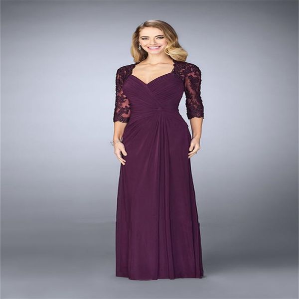 Abiti per la madre della sposa per matrimoni Collo a cuore Chiffon viola Abiti da donna eleganti e graziosi maniche a tre quarti