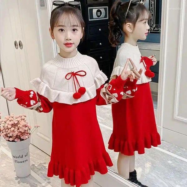 Vestidos da menina 2023 outono inverno adolescentes meninas crianças malha vermelho ruche retalhos camisola quente princesa roupas ano natal 4 a 12
