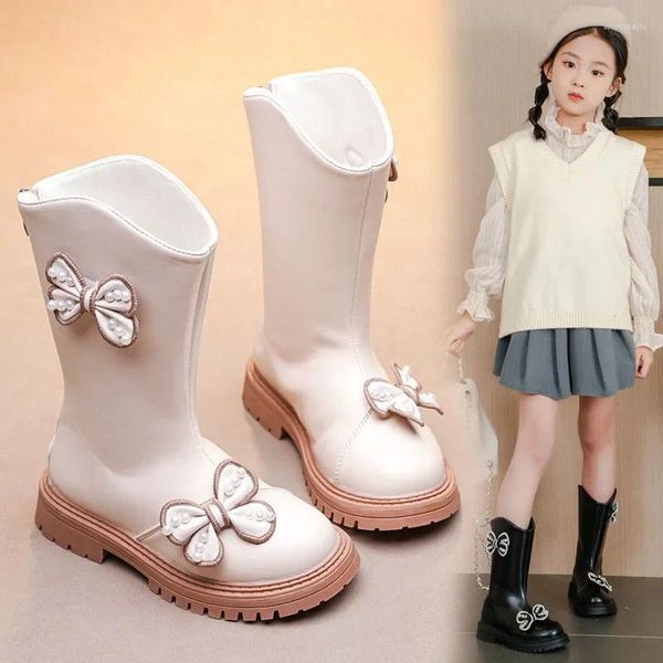 Botas meninas moda bowknot pérola meados de bezerro couro do plutônio botas outono inverno plataforma coreana crianças neve princesa vestido sapatos