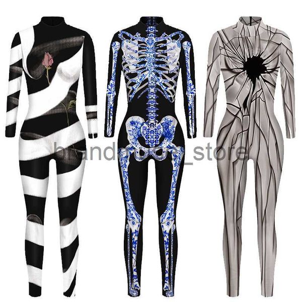 Tema traje halloween novo esqueleto impressão digital apertado performer vestido fino encaixe manga longa macacão feminino j231024