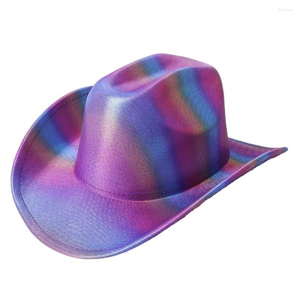 Berets Chapéus de Cowboy para Mulheres e Homens Laser Western Caps Quatro Estações Superfície Listras Brilhantes Curvas Brim Party Fashion