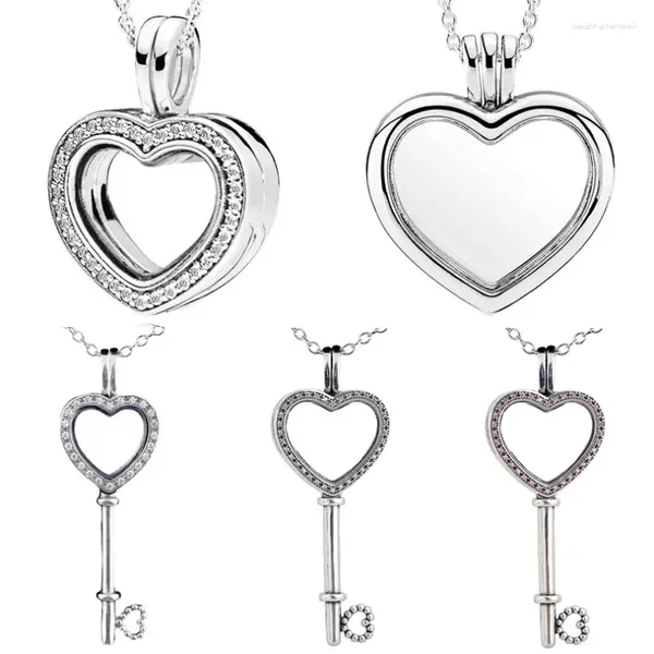 Ciondoli Collana con medaglione galleggiante con chiave a cuore piccola e grande in argento sterling 925 originale per le donne, regalo con perline, gioielli fai da te