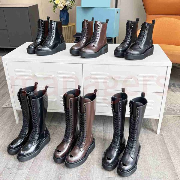 Designer-Schuhe Neue Winterstiefel aus schwarzem Leder, kniehohe Stiefel, flache Stiefel, dicke Sohlenstiefel, Damen-Ritterstiefel, modische Stiefel, Martin-Stiefel, bequeme Avantgarde-Größe 35–40