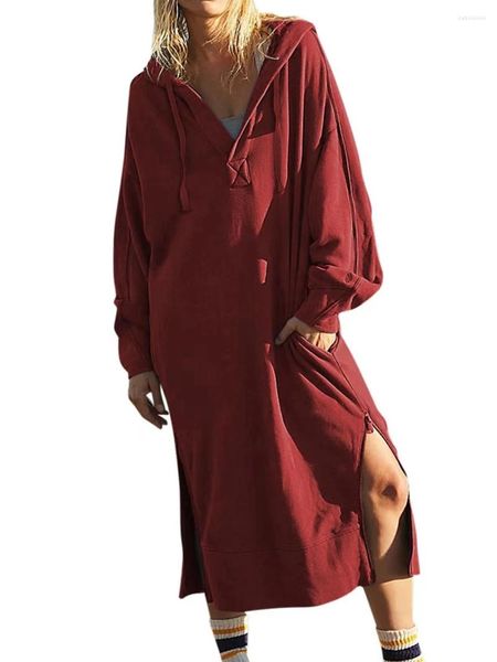 Vestidos casuais mulheres moletom vestido manga comprida cordão com capuz fenda oversized pulôver outono relaxado ajuste maxi hoodies