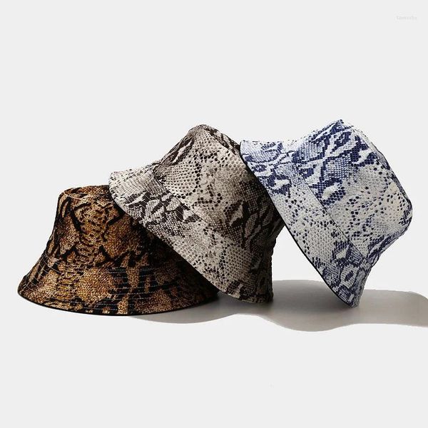 Berets WZCX Snakeskin Padrão Flat Top Mulheres Pescador Chapéu Dupla Face Dobrável Sunhat Primavera Verão Bacia Cap