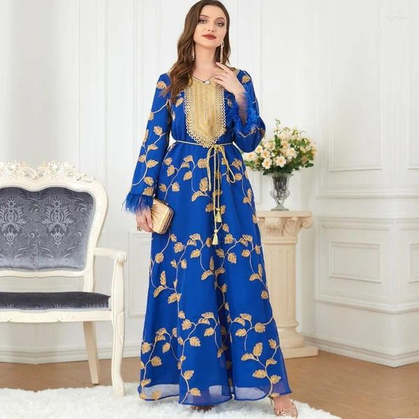 Roupas étnicas Médio Oriente Árabe Outono Produto Moda Feminina Manga Longa Banhado A Ouro V-Pescoço Vestido Muçulmano Mulheres Turcas Abaya