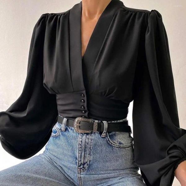 Frauenblusen Herbsthemd weiche Stoff falten Schulter bequeme Laterne Langarm Blumendruck Vintage Vintage Cropped Leichtgewicht