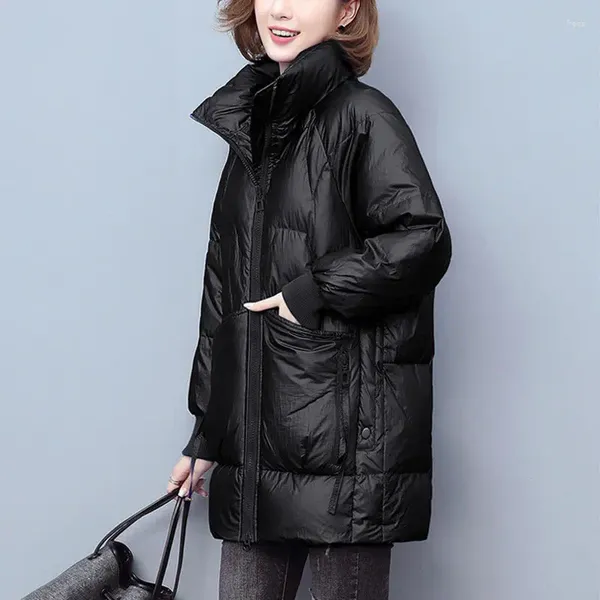 Damen Trenchcoats Winter Dicke warme Daunenjacke aus Baumwolle Reißverschluss Parka Taschen Puffer Stehkragen Koreanische Oberbekleidung Tops Schwarz Grün Blau