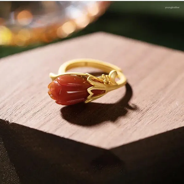 Anelli a grappolo Anello aperto da donna elegante di fascia alta in argento sterling S925 originale con agata rossa meridionale Magnolia intarsiato in oro