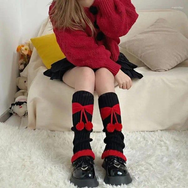 Frauen Socken Mädchen Jahr Colorblock Rippen Stricken Bein Wärmer Harajuku Nette Pompon Bowknot Rüschen Saum Fuß Abdeckung Ärmel