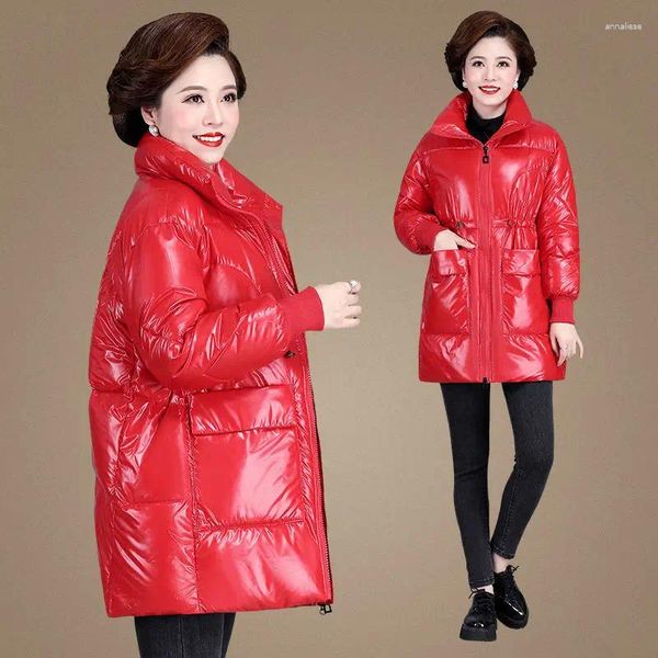 Trench da donna Moeroshe Lucido Lungo Donna Giacche invernali Tasche grandi Abbigliamento imbottito moda Abbigliamento da neve da donna Caldo imbottito impermeabile