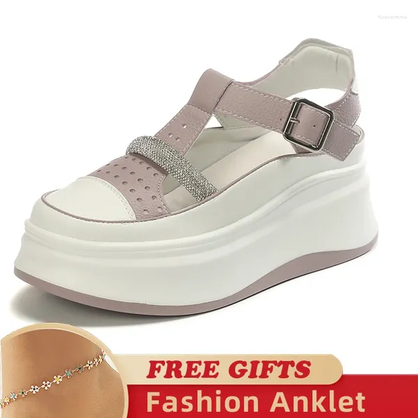 Scarpe eleganti da 7 cm in vera pelle di mucca con zeppa e zeppa sneakers robuste bling comode da donna con gancio ROMA sandali estivi con strass