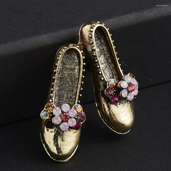 Broches Rinhoo Vintage Cor de Ouro Salto Alto Strass Sapatos para Mulheres Flor Cristal Broche Pins Jóias Presente Meninas