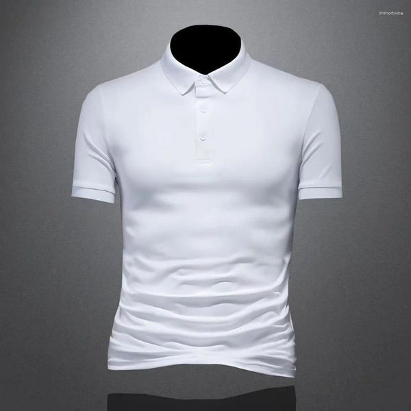 Polos masculinos temperamento cor sólida lapela camisa polo europeu casual juventude high-end manga curta versátil magro meia t