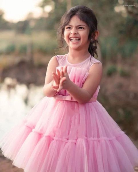Vestidos de menina bonito rosa vestido de bebê inchado tule na altura do joelho flor tutu crianças presente para aniversário cor personalizada