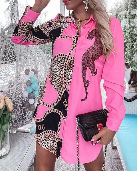 Женские блузки, летние женские повседневные свободные розовые топы с длинными рукавами, удлиненная рубашка с отложным воротником и цепочкой гепарда с цветными блоками