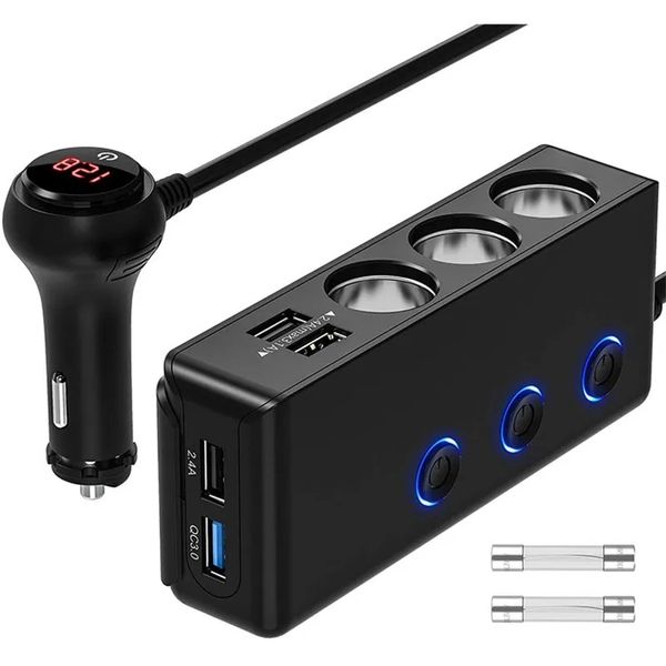 TR30 120 W 4 USB-Anschlüsse Autoladegerät 3 Zigarettenanzünder-Buchsen Spannungs-Digitalanzeige QC3.0-Ladeadapter mit unabhängigem Schalter