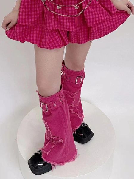 Женские носки 2023, гранж-панк, девушка, готическая нога, винтажные розово-красные кисточки, Harajuku, готические накладки на ноги, бинты, длинные носки, Y2k, эстетическая уличная одежда