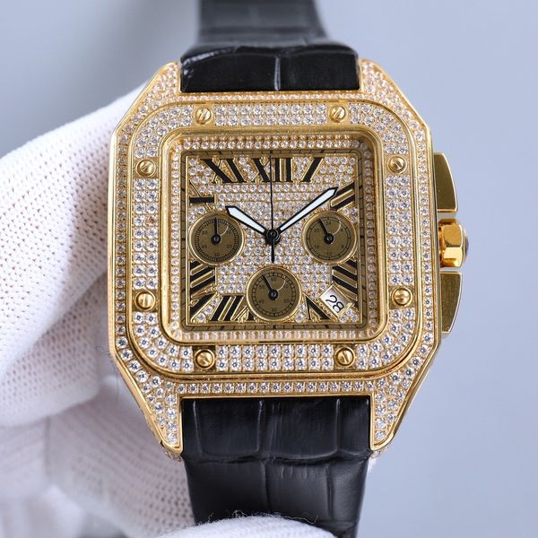 Мужские часы с бриллиантами Кварцевый хронограф Размер 45 мм Сапфировые часы Деловые часы с полным бриллиантом Циферблат Бутик-люкс Роскошные часы У успешных мужчин есть дизайнерские часы Часы в подарок