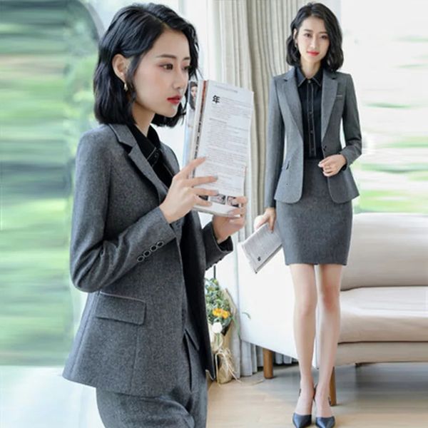 Ternos femininos blazers outono inverno formal senhoras cinza blazer mulheres ternos de negócios com conjuntos de trabalho desgaste uniforme de escritório 5xl tamanho calças jaqueta 231024