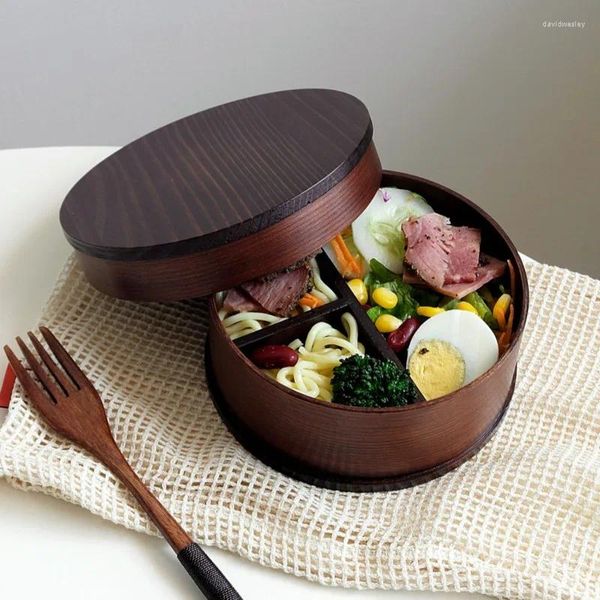 Geschirr 700ML einschichtige Holz Bento Box tragbare Trennwand Sushi Lunchboxen runder Büroangestellter für Kinder