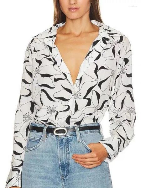 Blusas femininas elegantes impressão camisa de seda turn-down colarinho chemise feminino manga longa único breasted 2023 blusa de outono