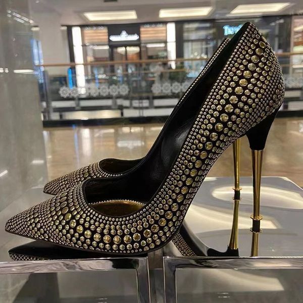 Goldpumpen Metallstollen dekorierte High Heels Kristall geschrubte spitze Zehen