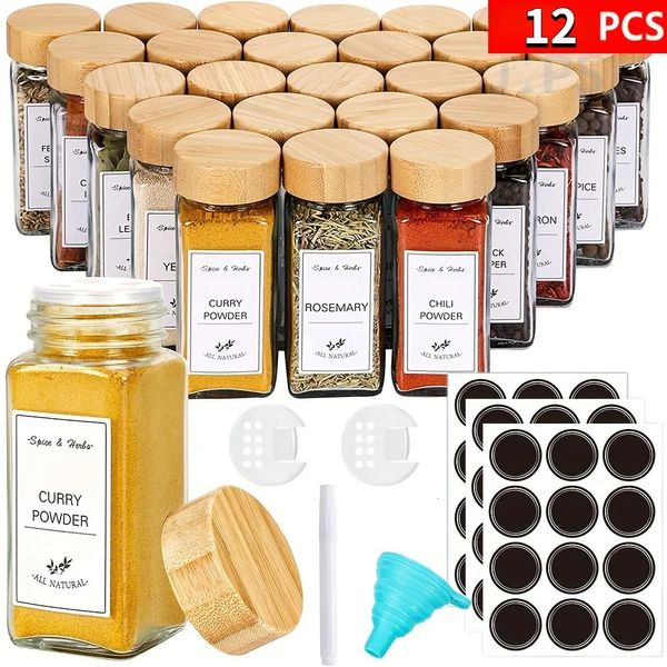 Contenitori per alimenti per risparmiatori 12 pezzi Barattolo di vetro per spezie Coperchio in bambù Condimento Sale Pepe Organizzatore Set Accessori da cucina 231023