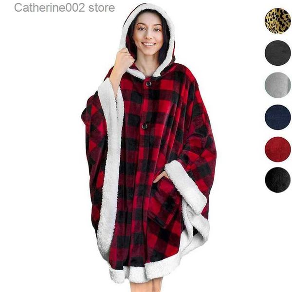 Feminino sleep lounge macio xadrez wearable cobertor com capuz manto inverno quente velo casacos adulto pelúcia microfibra tv hoodie sherpa cobertor moletom t231024
