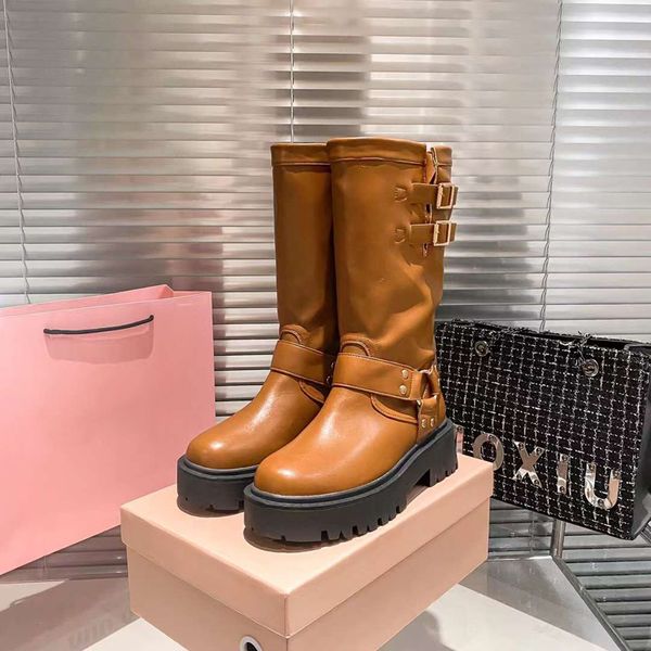 Moda Mulheres Botas Longas Montezu Botas Altas Itália Plataformas Luxuosas Impermeáveis Preto Marrom Couro Dupla Fivelas Designer Vestido de Noite Longs Bootes Box UE 35-40