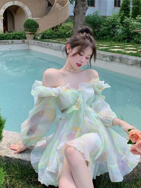 Lässige Kleider Sommer bedruckter kurzer Rock Nischendesign Französisches süßes langärmeliges Kleid Temperament Super Fairy Princess Fluffy