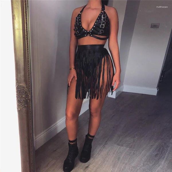 Vestidos de trabalho gótico pu couro franja saia feminina 2 peça conjunto bondage corpo peito arnês sutiã boate dança festival rave combinando roupas