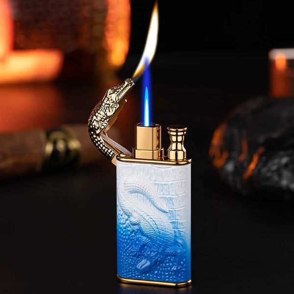 Lighters Yeni 3D Relief Dragon Timsah Çift Ateş Metal Metal Rüzgar Geçirmez Jet Açık Dönüşüm Gasligger Sigara Men Hediyesi