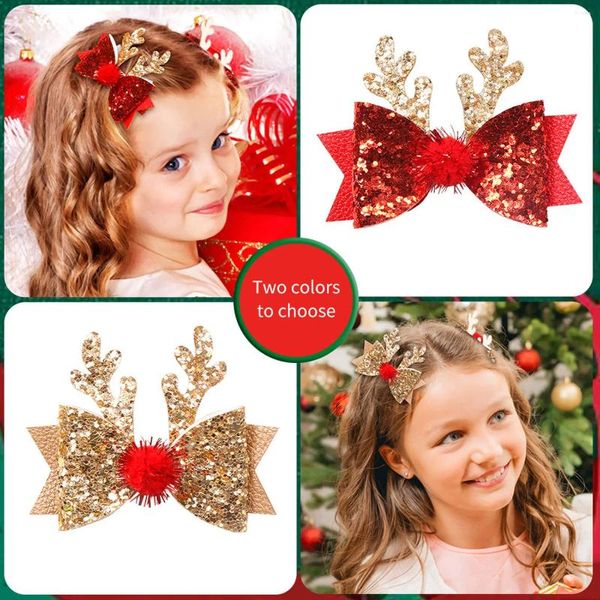 Accessori per capelli Forcina per capelli in corno di cervo natalizio Mollette glitterate Forcine per fiocco con paillettes Clip per bambini Ragazze Regali per l'anno del bambino