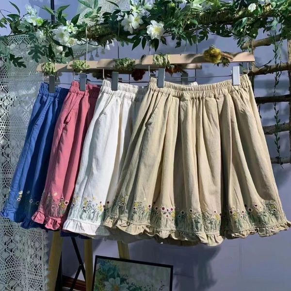 Shorts femininos 2023 Boho bordado na cintura alta truques de verão de verão A-line Sweet Chic Floral Cotton