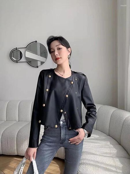 Frauen Leder 2023 Frühling Kurze Koreanische Version Slim-fit Und Dünne Echte LeatherCoat Runde Kragen Motorrad Jacke