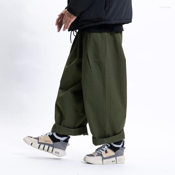 Calças masculinas primavera super fogo papai largo-perna solta oversized homens e mulheres cor sólida estilo japonês macacão casual