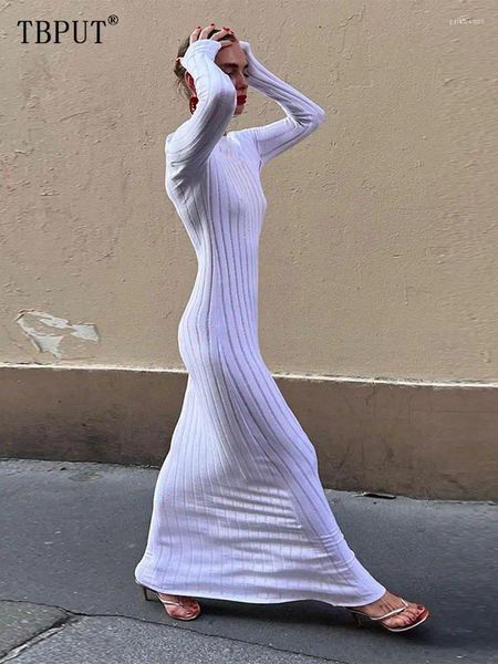 Vestidos casuais elegante solto branco vestido de malha para mulheres moda o pescoço manga longa midi 2023 outono chique feminino malhas