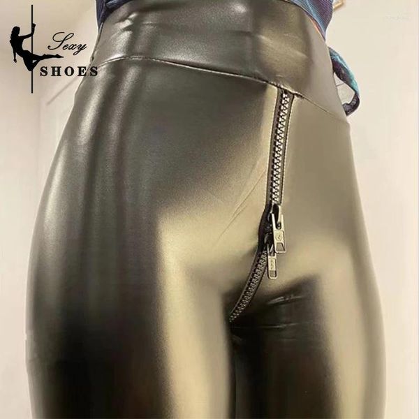 Leggings da donna Pantaloni sexy con apertura sul cavallo per le donne Pantaloni aderenti con doppia cerniera in pelle nera opaca da donna Discoteca esotica sottile personalizzata