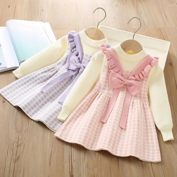 Vestidos da menina doce inverno outono meninas princesa crianças bebê arco plissado vestido de manga longa xadrez malha malhas vestidos adk2701