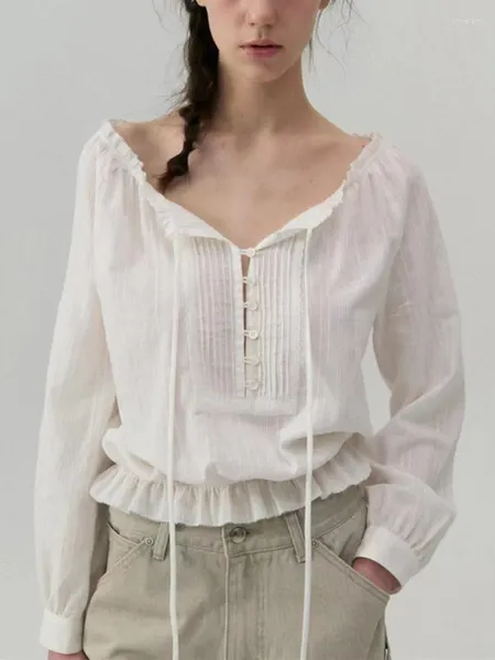 Blusas femininas branco manga longa blusa rendas plissado o pescoço 2023 verão feminino único breasted camisas de algodão