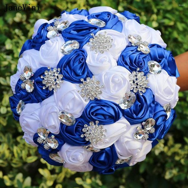 Fiori da sposa JaneVini Blu reale Bianco Bouquet da sposa Cristalli Rose di raso artificiale Accessori per bouquet finti per la sposa