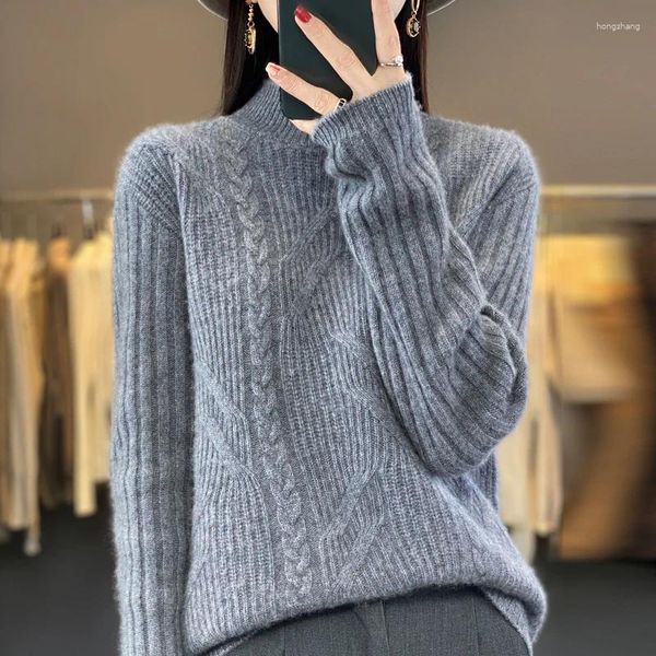 Kadın Sweaters Kadınlar Sonbahar Kış 100 Saf Kaşmir Sweater Yarım Belvek Jacquard Gevşek Kazak Çok Yönlü Örme Yün Base Gömlek