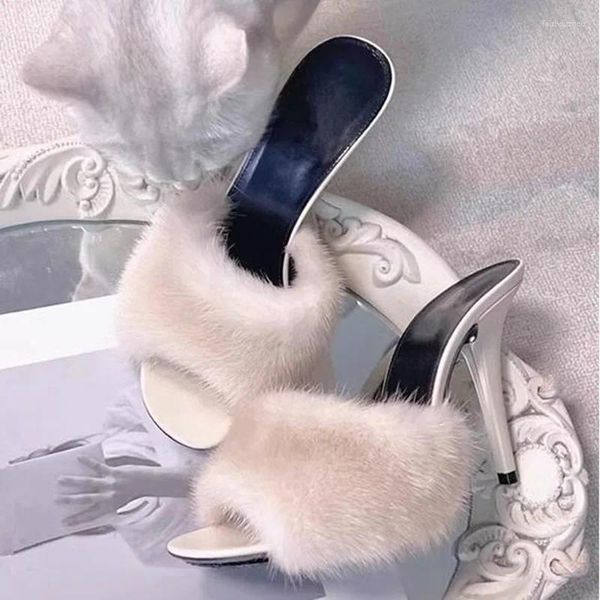Sandali Pantofole sexy con tacco alto peloso finto Bianco Pelliccia nera Punta a punta Slip on Cover Scarpe eleganti con tacco
