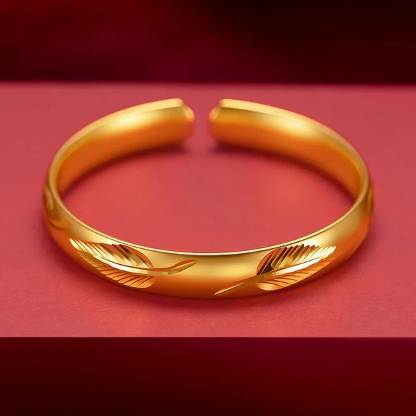 Bracciale rigido in oro autentico 9999 con metodo antico, bracciale con piume, cielo completo, stella, drago, fenice, apertura 18 carati 5D 231023