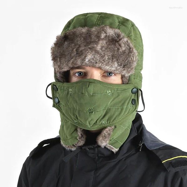 Berets Hohe Qualität Winter Outdoor Gesicht und Hals Warme Schneemütze mit Maske Bergsteigen Skifahren Reiten Pfirsich Samt Bomber